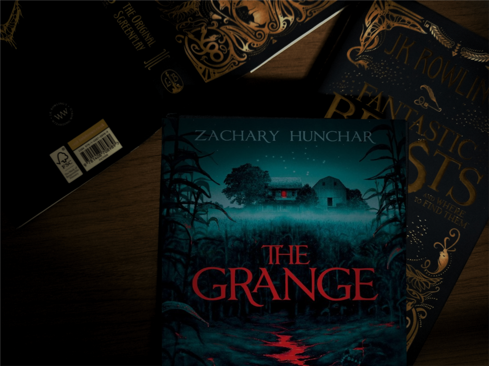 Hardcover of the book on a table among other "books."